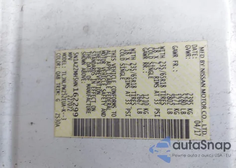 2017 Nissan Murano S z USA, uszkodzony, nr VIN 5N1AZ2MH5HN162299